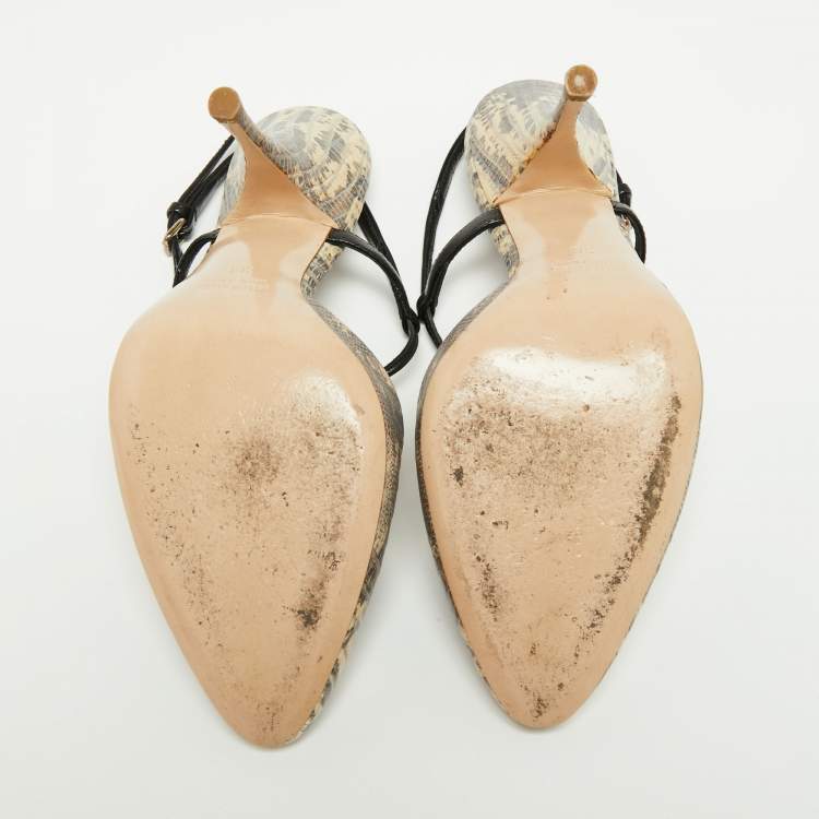 مملوكة مسبقًا Miu Miu Beige/Black Lizard Embossed Leather T-Strap Sandals Size 36 