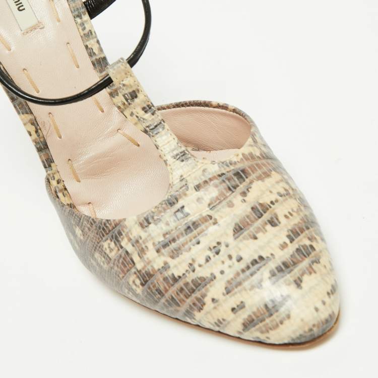 مملوكة مسبقًا Miu Miu Beige/Black Lizard Embossed Leather T-Strap Sandals Size 36 