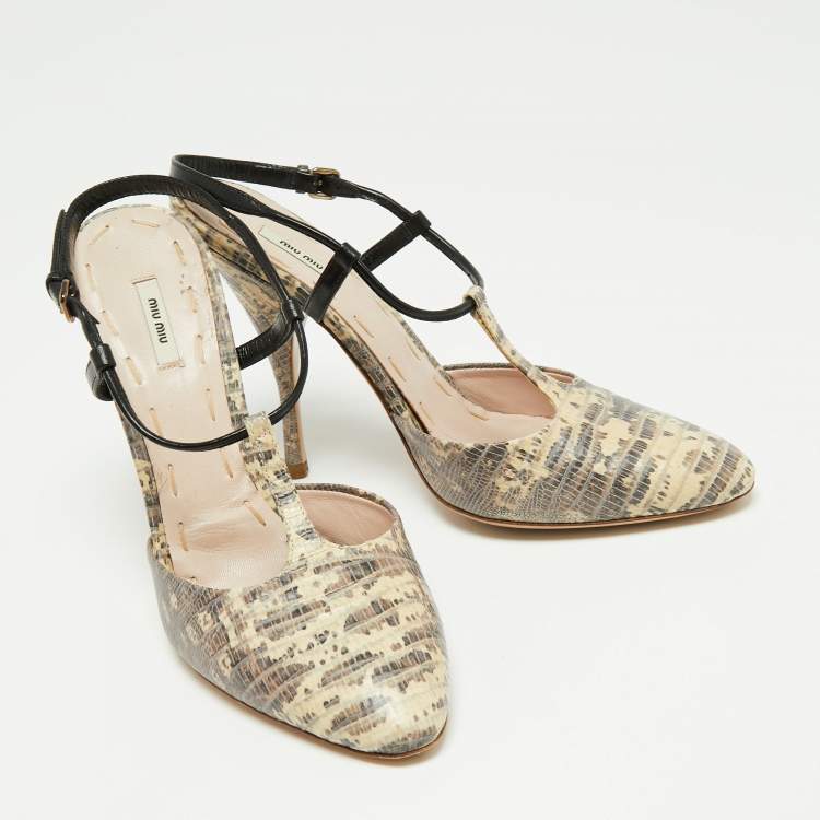 مملوكة مسبقًا Miu Miu Beige/Black Lizard Embossed Leather T-Strap Sandals Size 36 