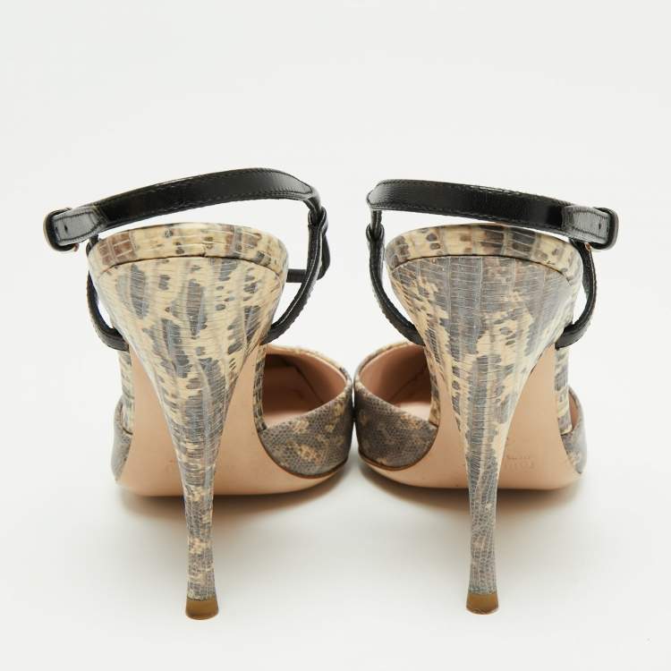 مملوكة مسبقًا Miu Miu Beige/Black Lizard Embossed Leather T-Strap Sandals Size 36 