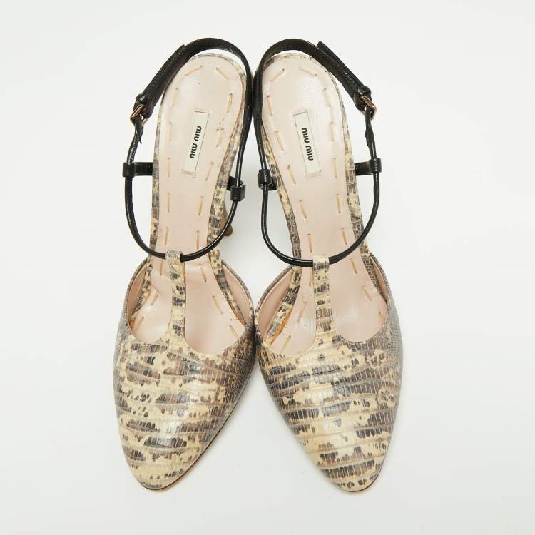 مملوكة مسبقًا Miu Miu Beige/Black Lizard Embossed Leather T-Strap Sandals Size 36 