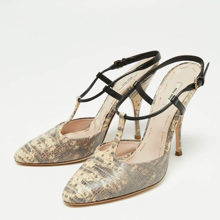 مملوكة مسبقًا Miu Miu Beige/Black Lizard Embossed Leather T-Strap Sandals Size 36 