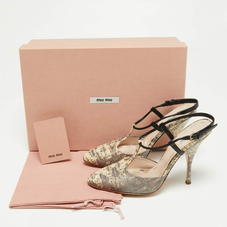 مملوكة مسبقًا Miu Miu Beige/Black Lizard Embossed Leather T-Strap Sandals Size 36 