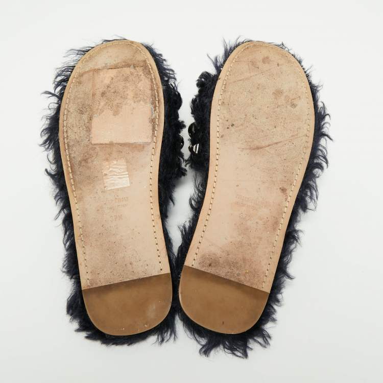 مملوكة مسبقًا Miu Miu Navy Blue Fur Embellished Flat Slides Size 37.5