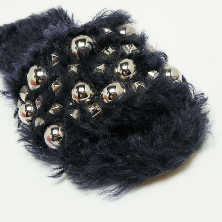 مملوكة مسبقًا Miu Miu Navy Blue Fur Embellished Flat Slides Size 37.5