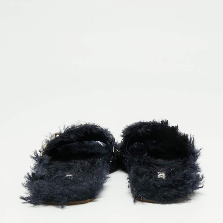 مملوكة مسبقًا Miu Miu Navy Blue Fur Embellished Flat Slides Size 37.5