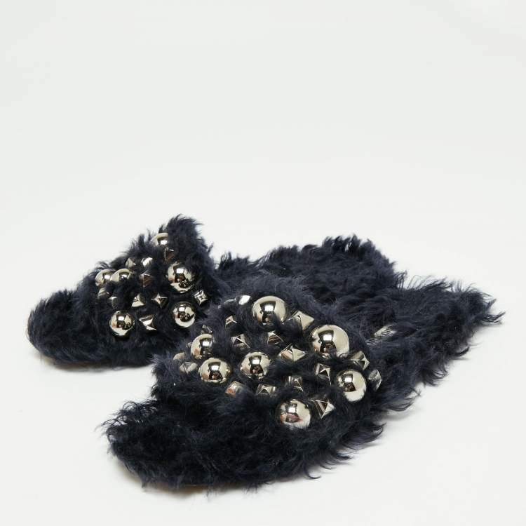 مملوكة مسبقًا Miu Miu Navy Blue Fur Embellished Flat Slides Size 37.5