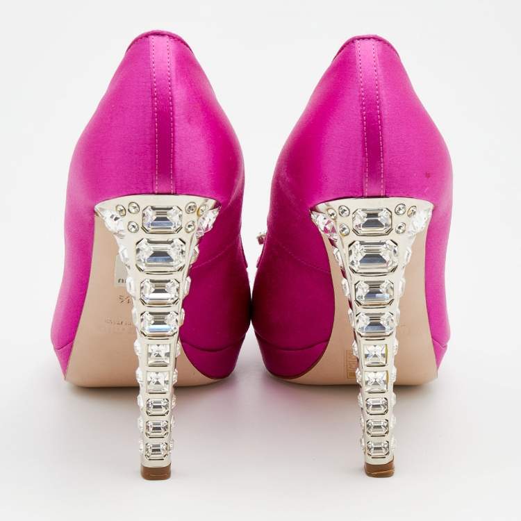 Pre Owned Miu Miu Pink Satin Embellished Peep Toe Pumps Size 37.5