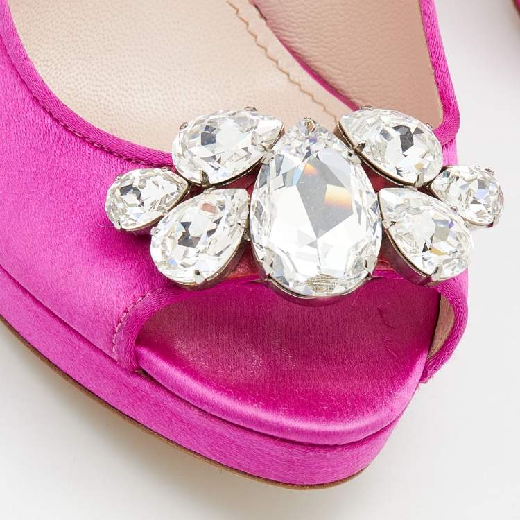 Pre Owned Miu Miu Pink Satin Embellished Peep Toe Pumps Size 37.5