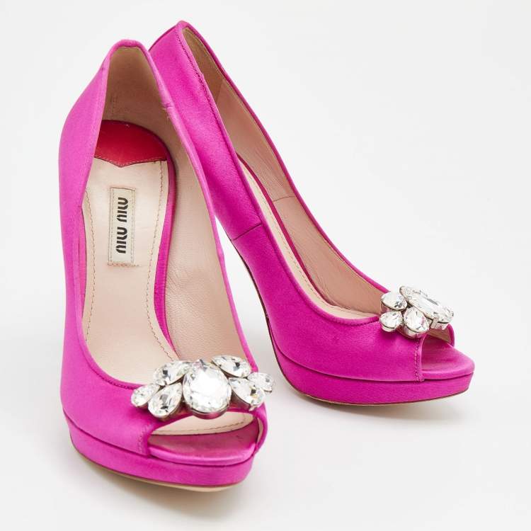 Pre Owned Miu Miu Pink Satin Embellished Peep Toe Pumps Size 37.5