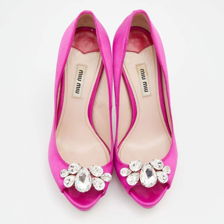 Pre Owned Miu Miu Pink Satin Embellished Peep Toe Pumps Size 37.5