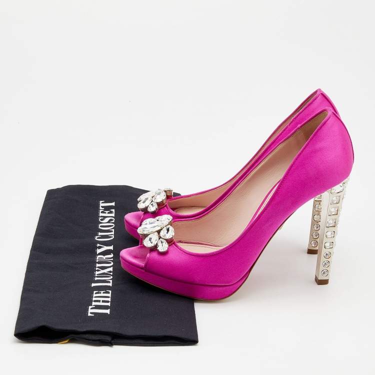 Pre Owned Miu Miu Pink Satin Embellished Peep Toe Pumps Size 37.5