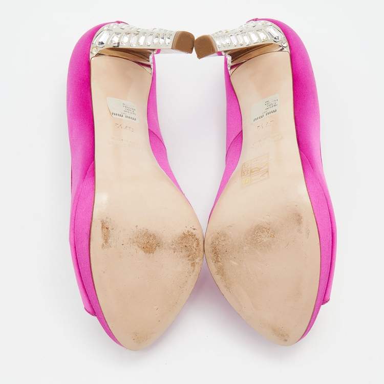 Pre Owned Miu Miu Pink Satin Embellished Peep Toe Pumps Size 37.5