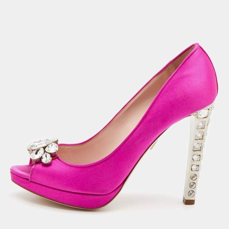 Pre Owned Miu Miu Pink Satin Embellished Peep Toe Pumps Size 37.5