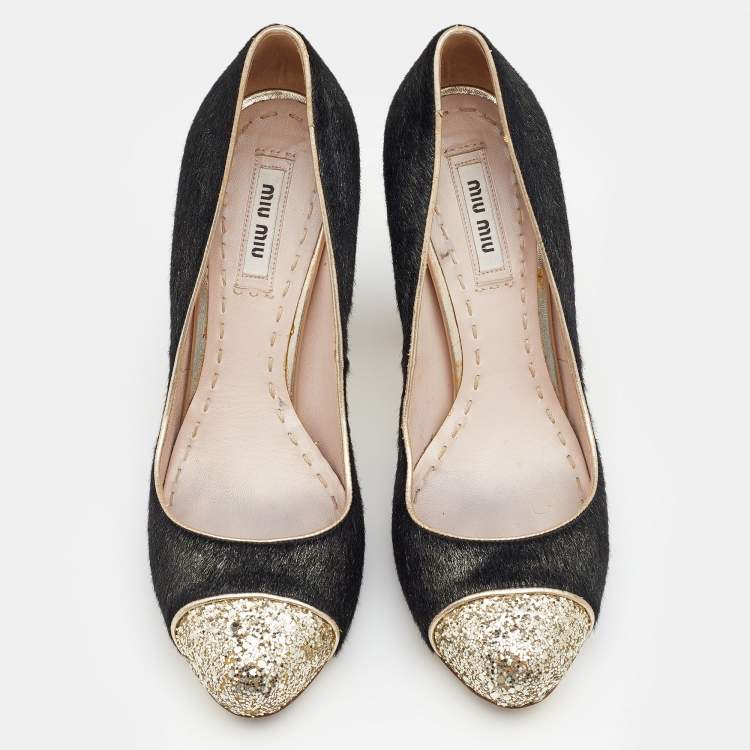 Pre Owned Miu Miu Black/Gold Calf Hair And Glitter Cap Toe Block Heel Pumps Size 37.5
