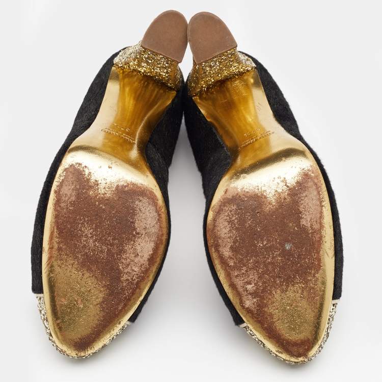 Pre Owned Miu Miu Black/Gold Calf Hair And Glitter Cap Toe Block Heel Pumps Size 37.5