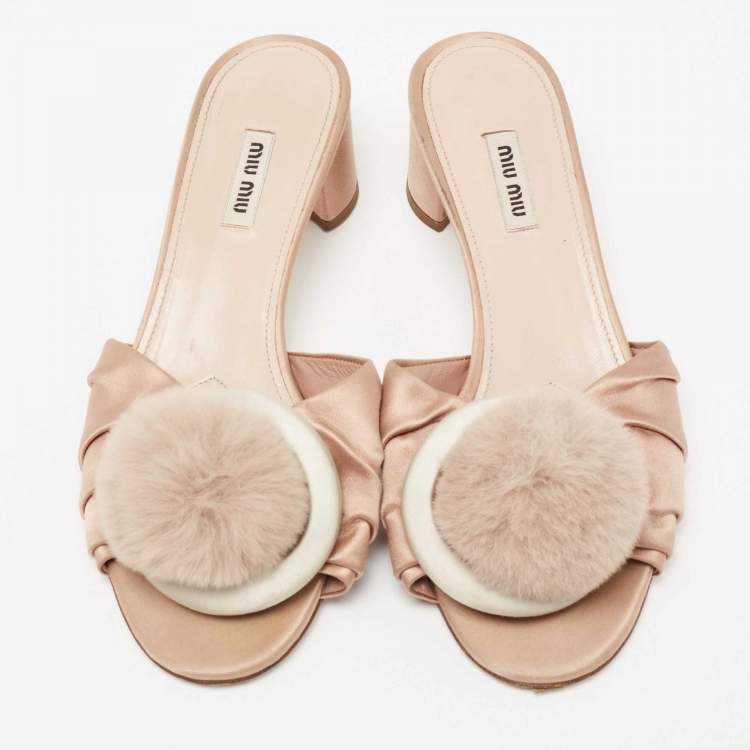 Pre Owned Miu Miu Beige Pleated Satin Pom Pom Slide Sandals Size 40