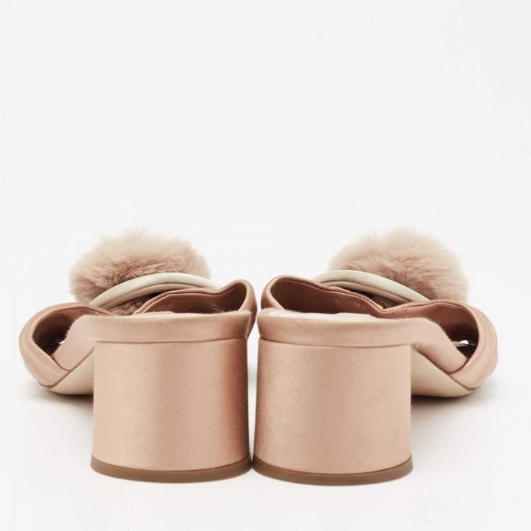 Pre Owned Miu Miu Beige Pleated Satin Pom Pom Slide Sandals Size 40