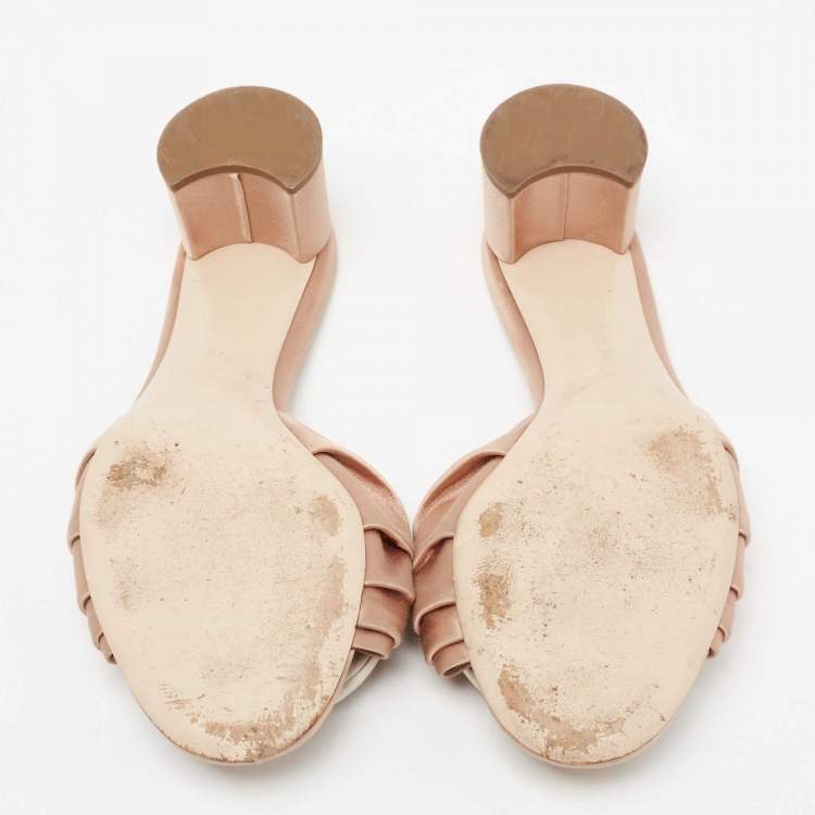 Pre Owned Miu Miu Beige Pleated Satin Pom Pom Slide Sandals Size 40