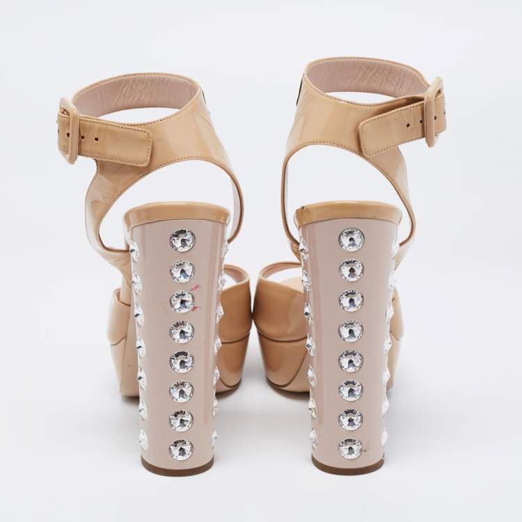 Pre Owned Miu Miu Beige Patent Crystal Embellished Block Heel Ankle Strap Sandals Size 39