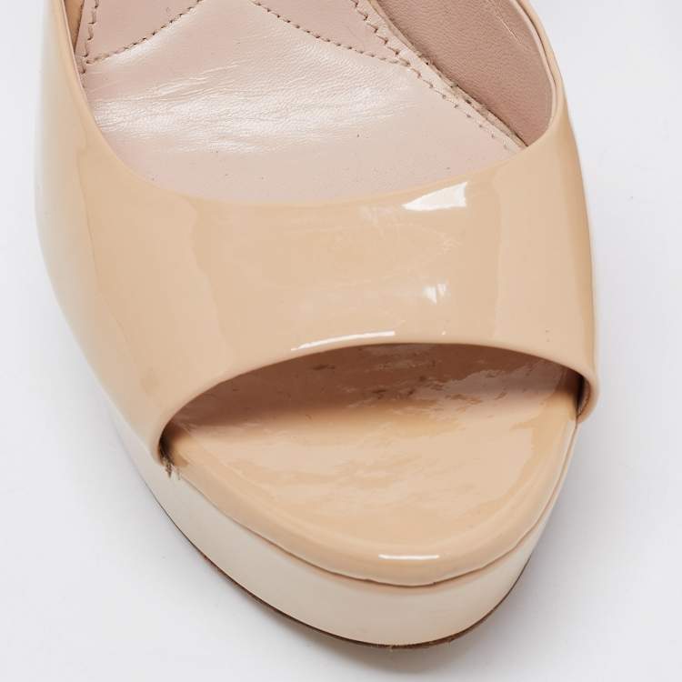 Pre Owned Miu Miu Beige Patent Crystal Embellished Block Heel Ankle Strap Sandals Size 39