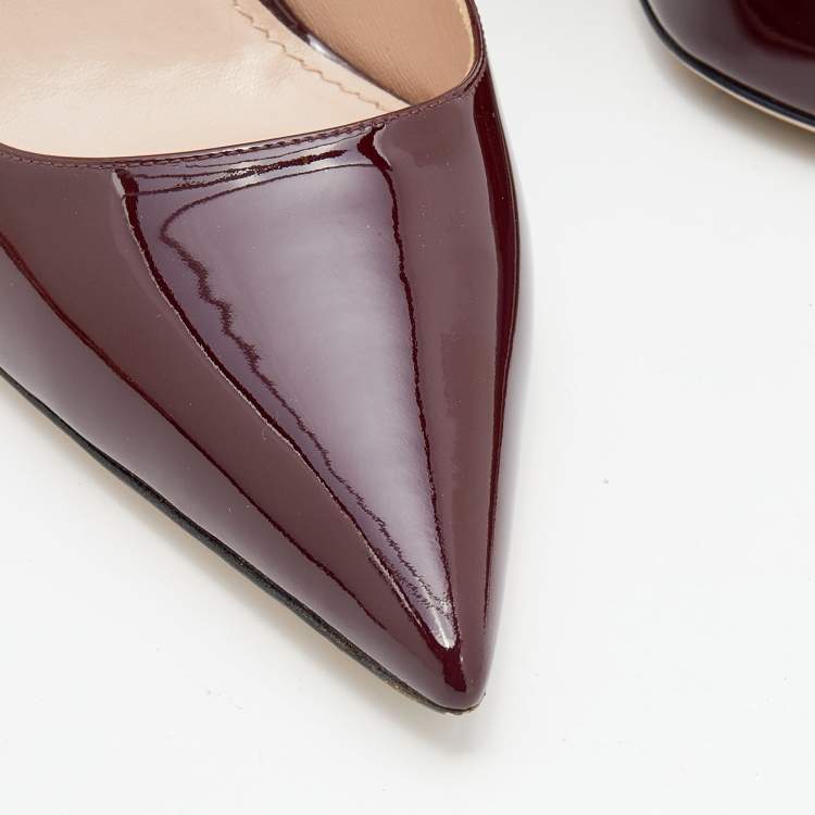 Pre Owned Miu Miu Burgundy Patent Leather Crystal Embellished Heel Pointed Toe Pumps Size 37.5