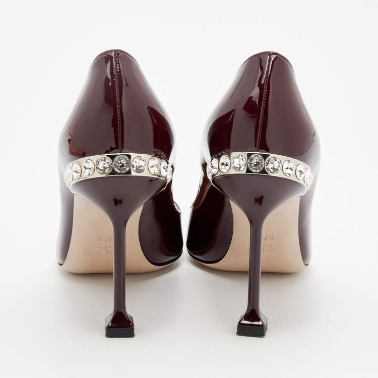 Pre Owned Miu Miu Burgundy Patent Leather Crystal Embellished Heel Pointed Toe Pumps Size 37.5