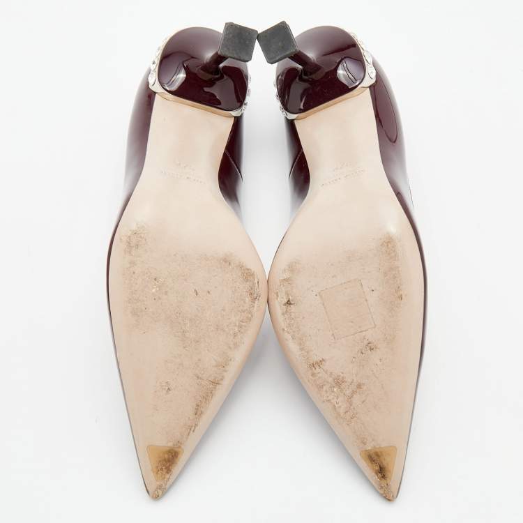 Pre Owned Miu Miu Burgundy Patent Leather Crystal Embellished Heel Pointed Toe Pumps Size 37.5