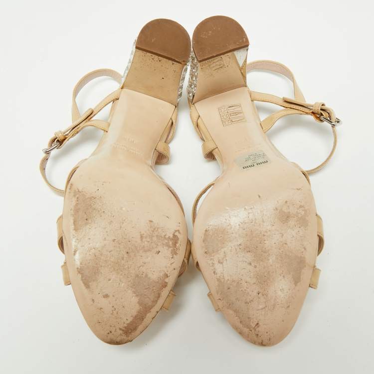 Pre Owned Miu Miu Beige Patent Leather Crystal Embellished Heel Ankle Strap Sandals Size 36.5