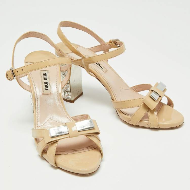 Pre Owned Miu Miu Beige Patent Leather Crystal Embellished Heel Ankle Strap Sandals Size 36.5