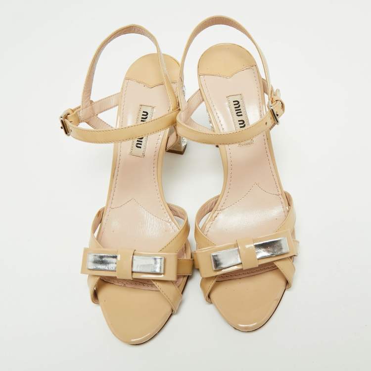 Pre Owned Miu Miu Beige Patent Leather Crystal Embellished Heel Ankle Strap Sandals Size 36.5