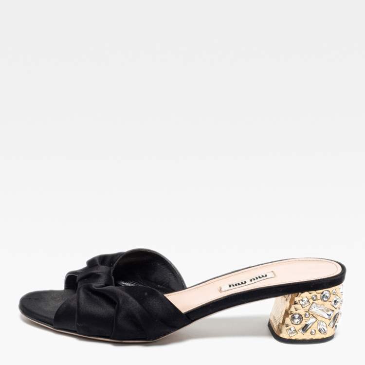Pre Owned Miu Miu Black Satin Heel Embellished Slide Sandals Size 38.5