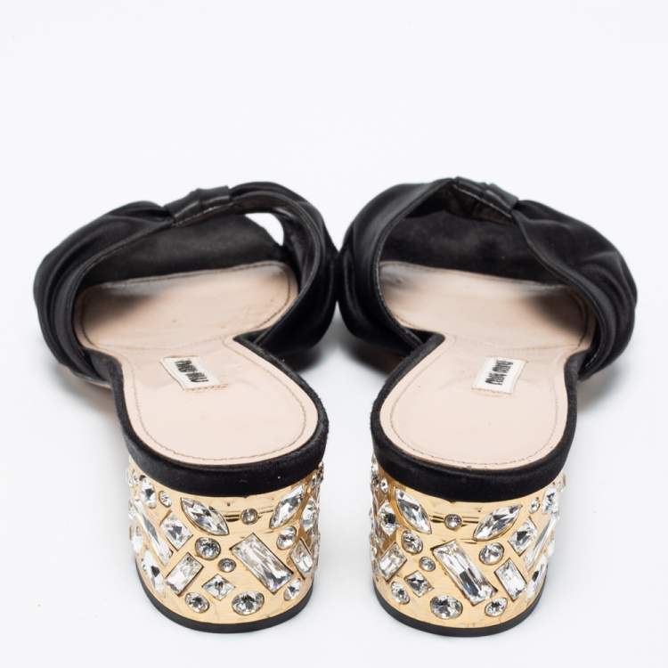 Pre Owned Miu Miu Black Satin Heel Embellished Slide Sandals Size 38.5