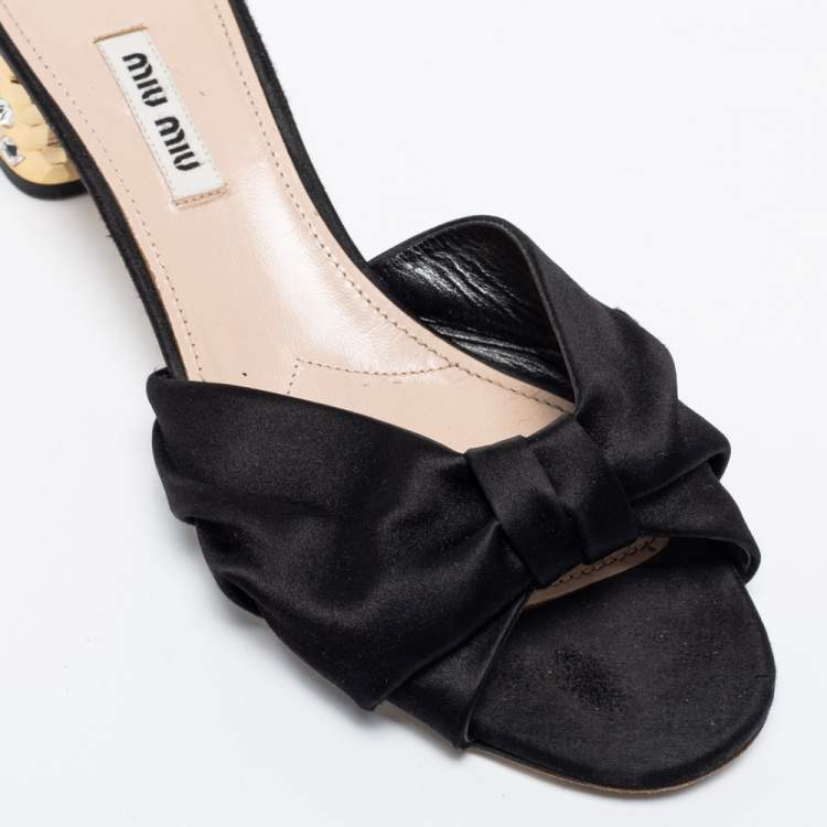 Pre Owned Miu Miu Black Satin Heel Embellished Slide Sandals Size 38.5