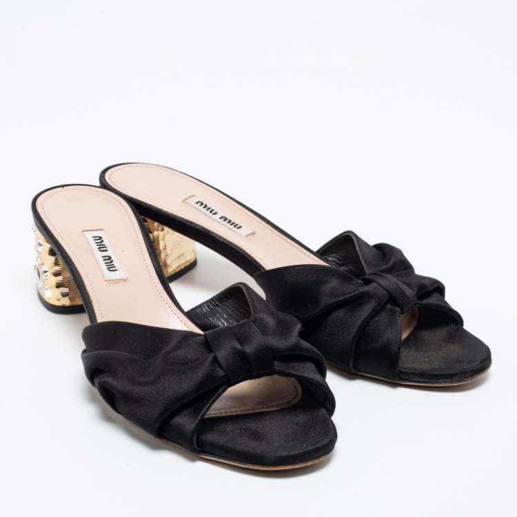 Pre Owned Miu Miu Black Satin Heel Embellished Slide Sandals Size 38.5