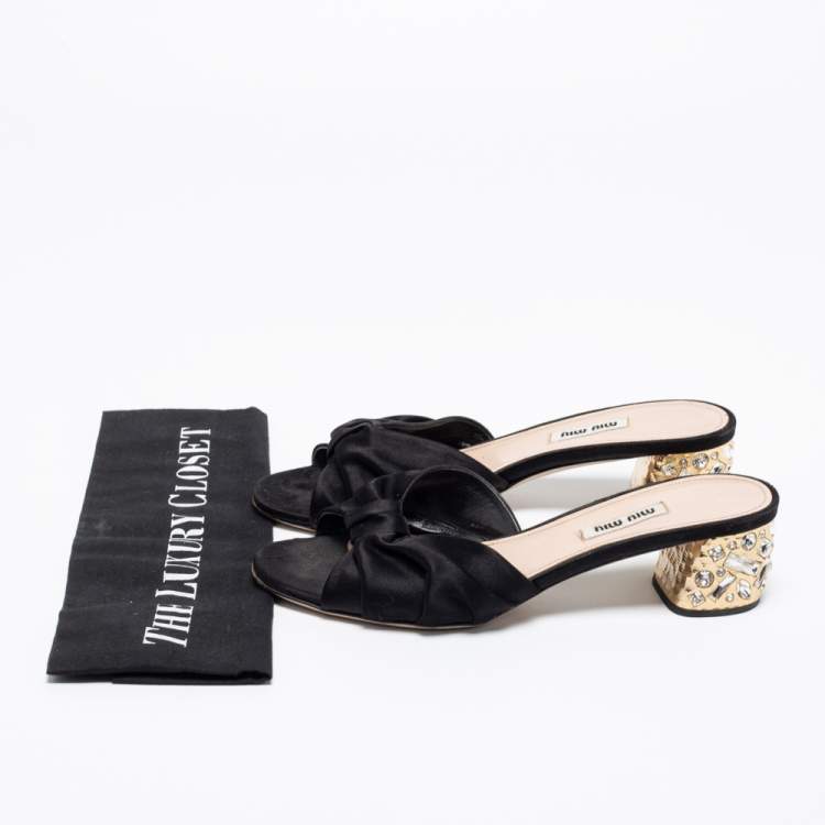 Pre Owned Miu Miu Black Satin Heel Embellished Slide Sandals Size 38.5
