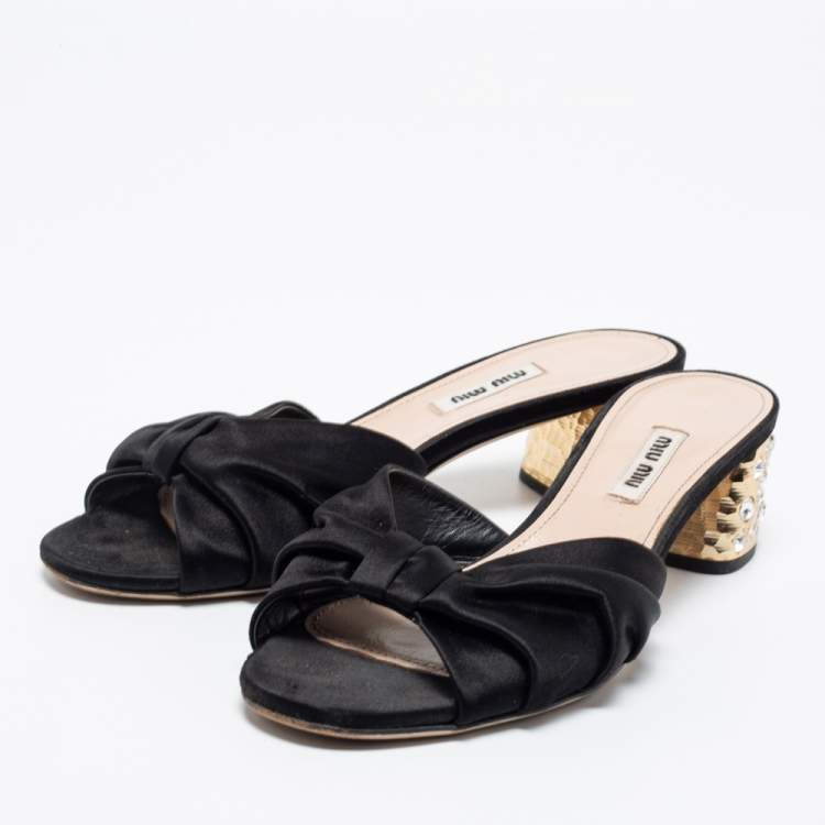 Pre Owned Miu Miu Black Satin Heel Embellished Slide Sandals Size 38.5