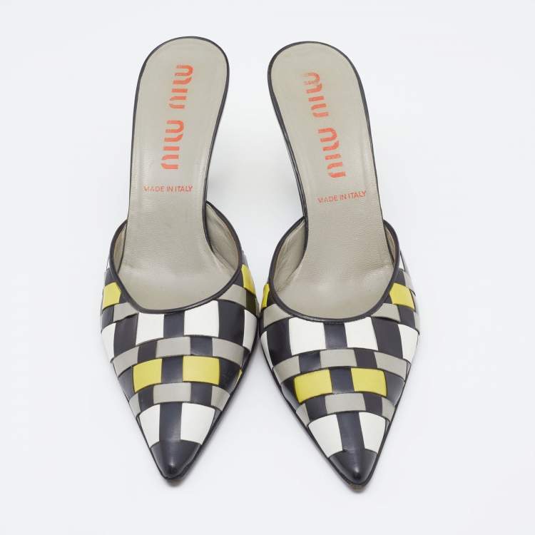 Pre Owned Miu Miu Multicolor Woven Leather Pointed Toe Mules Size 39.5