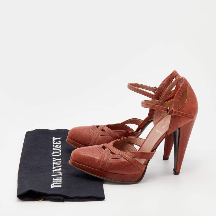 Pre Owned Miu Miu Burnt Orange Leather Ankle Strap Platform Sandals Size 40