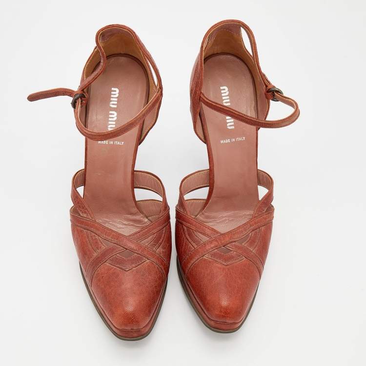 Pre Owned Miu Miu Burnt Orange Leather Ankle Strap Platform Sandals Size 40