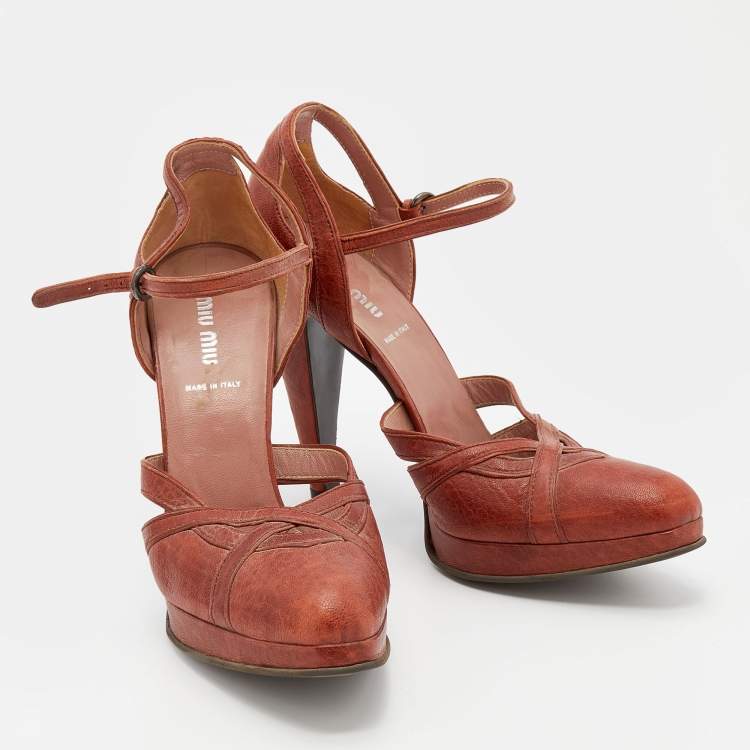 Pre Owned Miu Miu Burnt Orange Leather Ankle Strap Platform Sandals Size 40