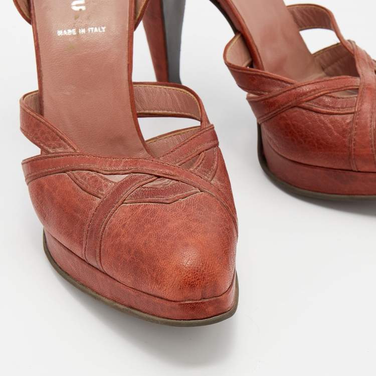 Pre Owned Miu Miu Burnt Orange Leather Ankle Strap Platform Sandals Size 40