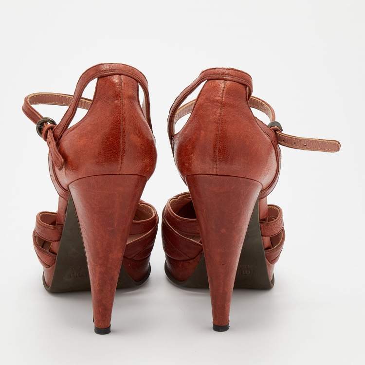 Pre Owned Miu Miu Burnt Orange Leather Ankle Strap Platform Sandals Size 40