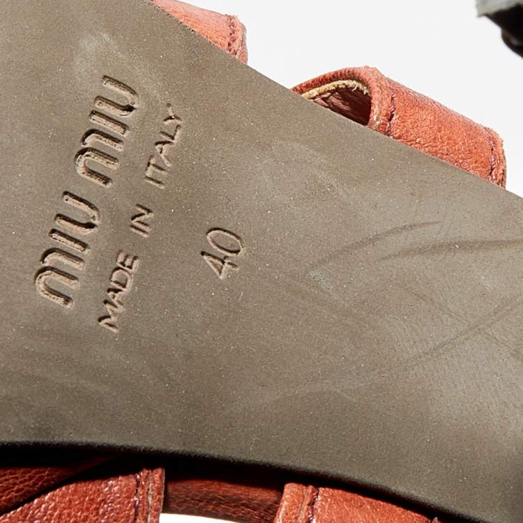 Pre Owned Miu Miu Burnt Orange Leather Ankle Strap Platform Sandals Size 40