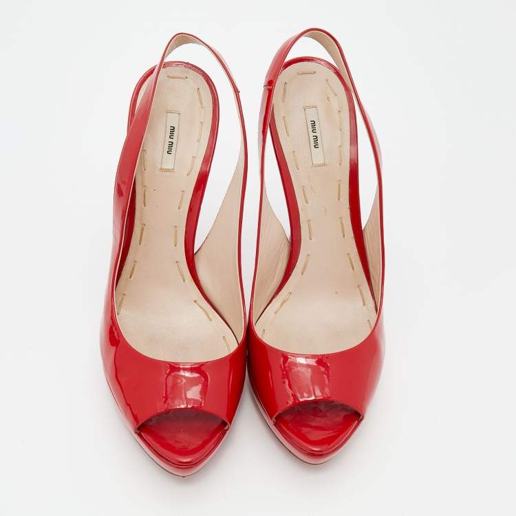 Pre Owned Miu Miu Red Patent Leather Peep Toe Platform Slingback Sandals Size 40