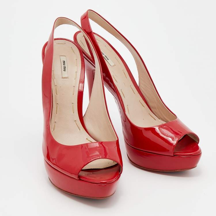 Pre Owned Miu Miu Red Patent Leather Peep Toe Platform Slingback Sandals Size 40