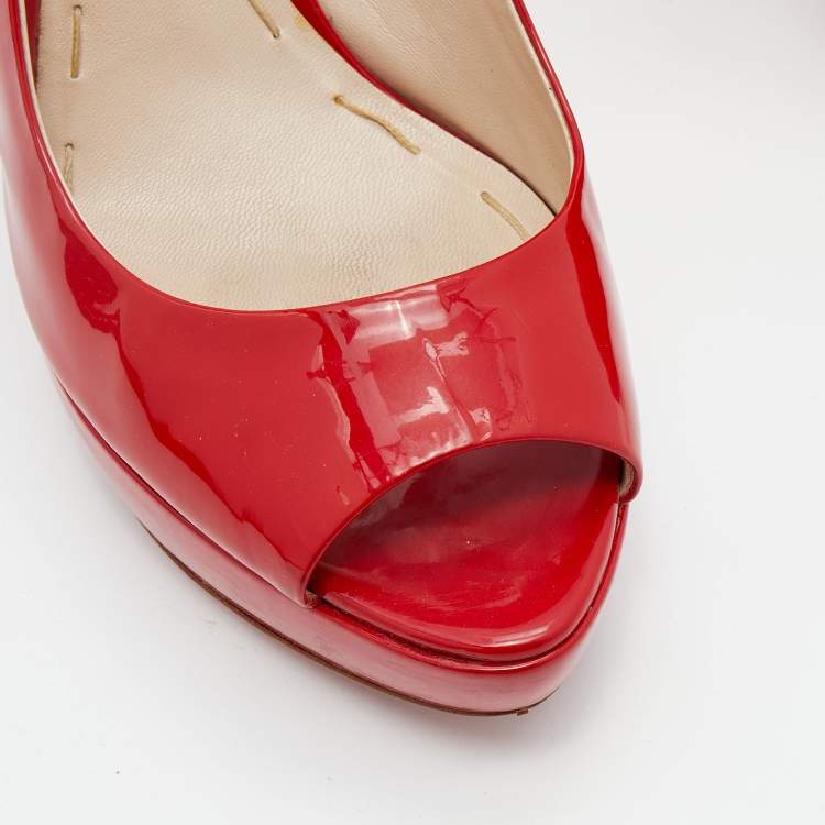 Pre Owned Miu Miu Red Patent Leather Peep Toe Platform Slingback Sandals Size 40