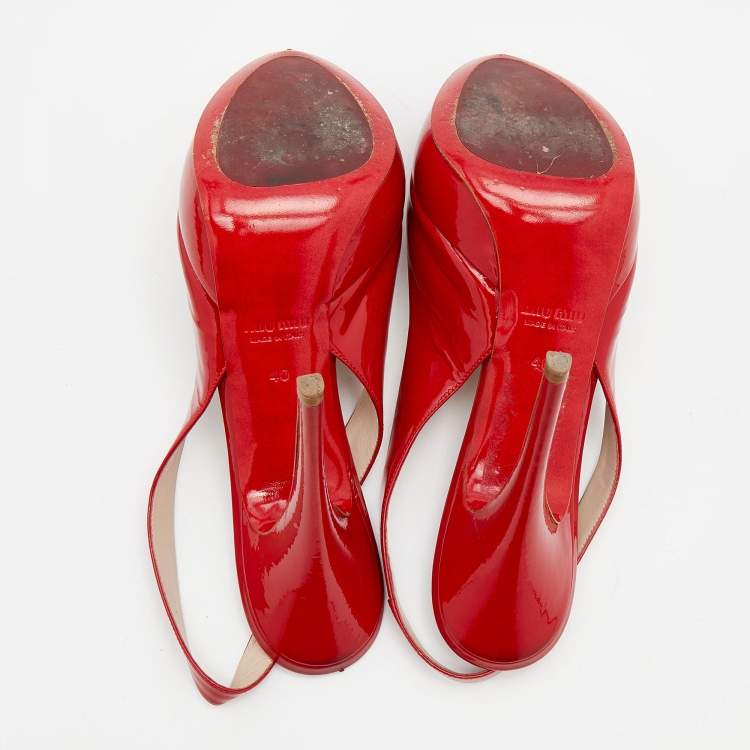 Pre Owned Miu Miu Red Patent Leather Peep Toe Platform Slingback Sandals Size 40