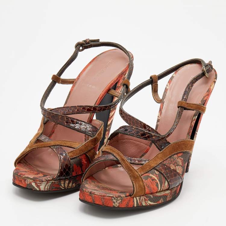 Pre Owned Miu Miu Multicolor Brocade And Python Strappy Slingback Sandals Size 39.5