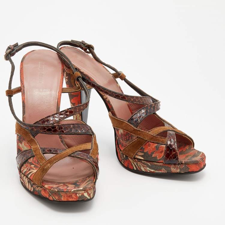Pre Owned Miu Miu Multicolor Brocade And Python Strappy Slingback Sandals Size 39.5